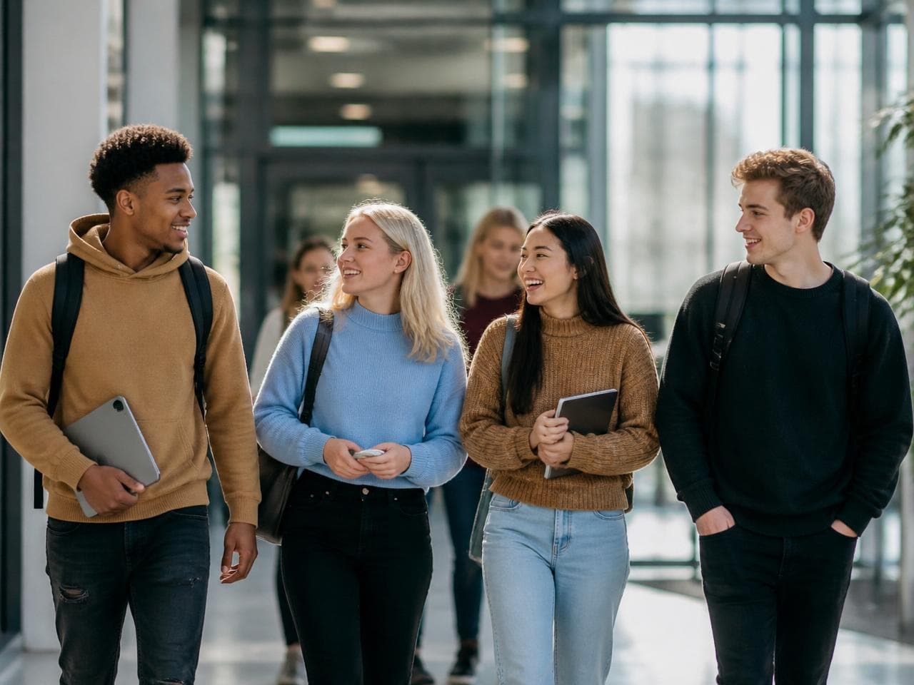Diverse group of UK university students walking on campus