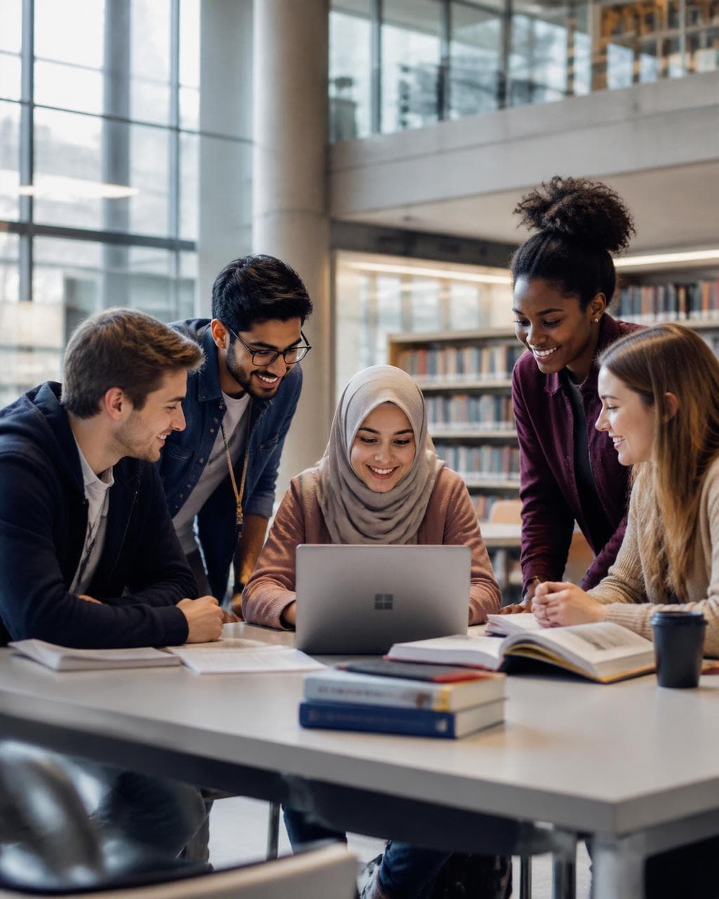 International students collaborating in a university library